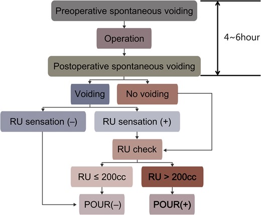 Protocol to reduce the adverse outcomes from POUR. RU: residual urine; POUR: postoperative urinary retention.