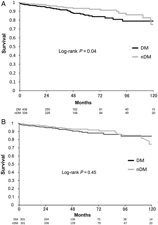 Ten-year actuarial freedom from death of any cause after off-pump coronary surgery according to DM or nDM. (A) Unmatched patients group. (B) Matched patients group. DM: diabetic patients; nDM: non-diabetic patients.