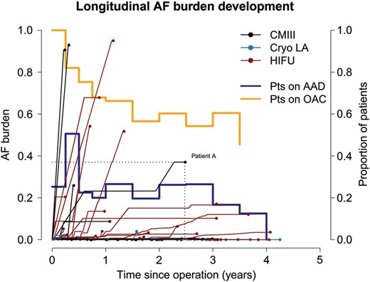 The longitudinal development of each patient's final (cumulative) AF burden. Each patient is represented with a line and a dot. The dots present each patient's final AF burden (over the follow-up) (projection of the dot on the y-axis) and the patient's maximum follow-up (projection of the dot on the x-axis). For example, Patient A developed a total AF burden of 0.4 (40%) during 2.5 years of observation. Horizontal line segments (zero slope) in each patient's longitudinal time course denote AF free periods. Line segments with positive slope indicate quantitative development of AF recurrence. The proportion of patients on OAC and on AAD is depicted with the orange and light blue line, respectively. AF: atrial fibrillation; OAC: oral anticoagulation; AAD: antiarrhythmic medication; HIFU: high-intensity focused ultrasound; CMIII: Cox Maze III.
