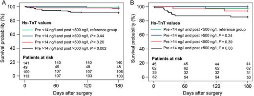 Kaplan–Meier survival curves in 180 days for CABG (A) and other cardiac surgical (B) patients. Groups were formed according to preoperative and postoperative hs-TnT values, and compared with the Low–Low hs-TnT group by the Breslow test. We omitted cases due to missing troponin values: 3.7% (16/428) in the CABG group and 8.2% (18/220) in the other cardiac surgery group. hs-TnT: high-sensitivity troponin T; CABG: coronary artery bypass grafting.