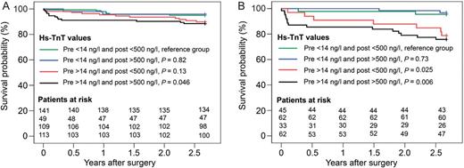Kaplan–Meier survival curves in 2.5 years for CABG (A) and other cardiac surgical (B) patients. Groups were formed according to preoperative and postoperative hs-TnT values and compared with the Low–Low hs-TnT group by the Breslow test. We omitted cases due to missing troponin values: 3.7% (16/428) in the CABG group and 8.2% (18/220) in the other cardiac surgery group. hs-TnT: high-sensitivity troponin T; CABG: coronary artery bypass grafting.