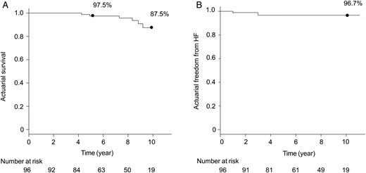 (A) Actuarial survival rate, analysed using the Kaplan–Meier method. (B) Actuarial freedom from heart failure (HF; NYHA class ≥3).