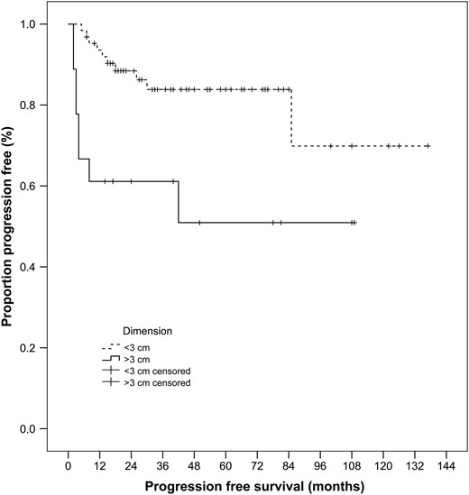 Cumulative local progression-free survival for the lesions of <3 and >3 cm, estimated from the latest RFA treatment, on 86 lesions, with Kaplan–Meier method and log-rank test (P = 0.005). RFA: radiofrequency ablation.