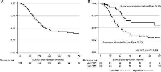 Survival curves. (A) Overall survival of all patients. (B) Survival differences according to the level of psoas muscle area.