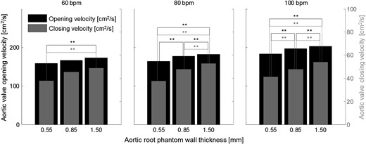 Mean aortic valve opening (black) and closing (grey) velocities for all measurements. **Significantly different aortic valve opening (black) or closing (grey) velocities.