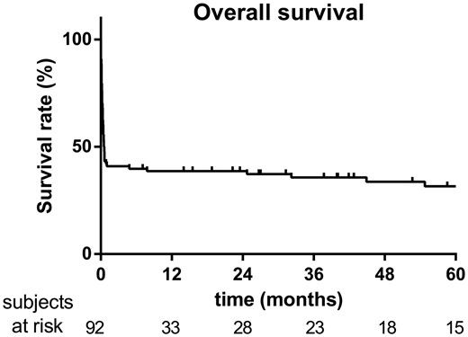 Kaplan–Meier analysis of overall survival in patients supported by venoarterial extracorporeal membrane oxygenation for refractory post-cardiotomy cardiogenic shock (n = 92, from 2005 to 2014).