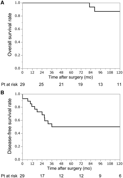 (A) Overall survival after surgery. The 5- and 10-year overall survival rates were 100% and 87%, respectively. (B) Disease-free survival after surgery. The 5- and 10-year disease-free survival rates were 50% and 50%, respectively.