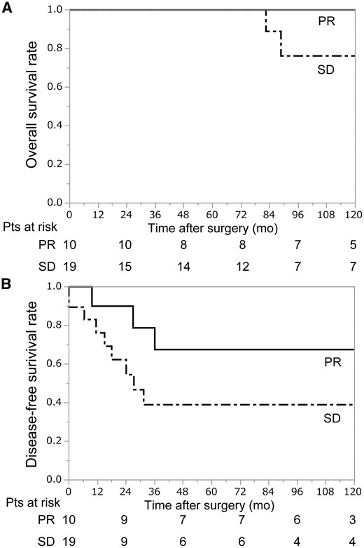 (A) Overall survival after surgery according to clinical response. The 5- and 10-year overall survival rates for the PR group were 100% and 100%, respectively, while those for the SD group were 100% and 76%, respectively. (B) Disease-free survival after surgery according to clinical response. The 5- and 10-year disease-free survival rates for the PR group were 68% and 68%, respectively, while those for the SD group were 39% and 39%, respectively. PR: partial response; SD: stable disease.