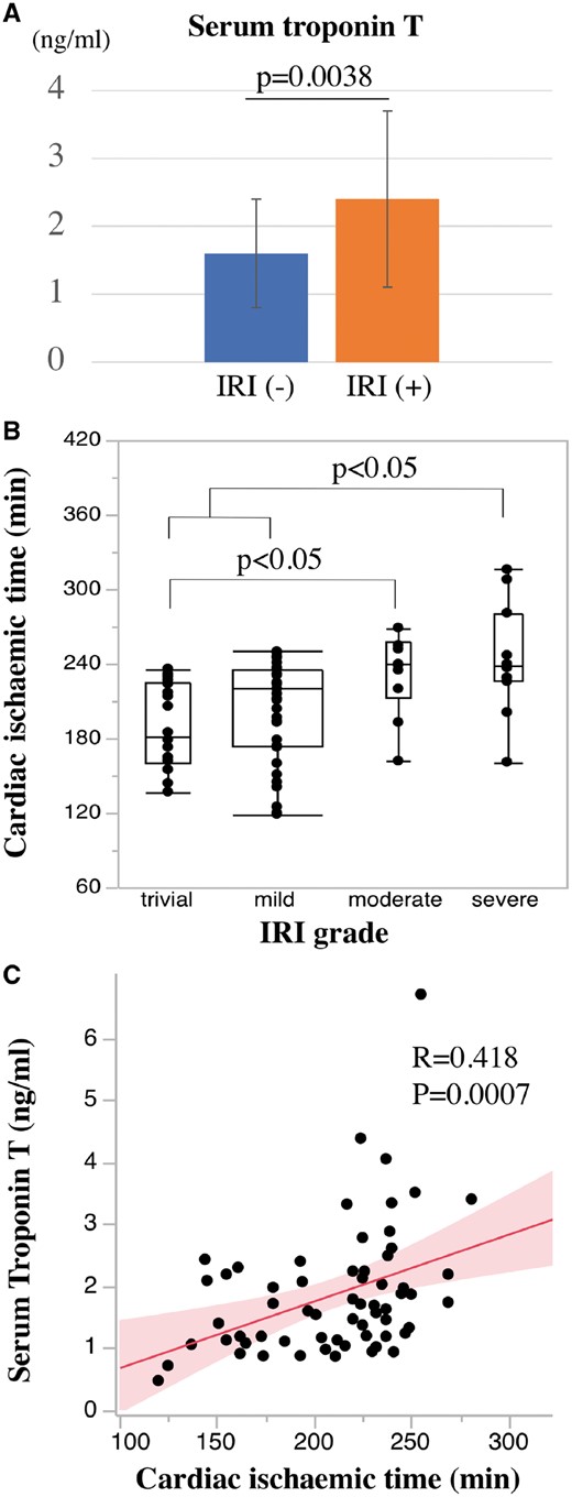 Relationship between IRI and cardiac ischaemic time (CIT). (A) Serum levels of troponin T 3 h after reperfusion of the donor heart. (B) CIT in each IRI grade. (C) The correlation of CIT and serum troponin T level 3 h after reperfusion of the donor heart. IRI: ischaemic reperfusion injury.