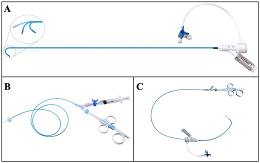 (A) Futar Steerable sheath (Lifetech Scientific Inc., Shenzhen, China) with an adjustable tip. (B) FuThrough needle puncture system (Lifetech Scientific Inc., Shenzhen, China). (C) Illustration of the combination of the 2 devices.