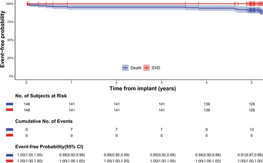 Kaplan–Meier curves for all-cause mortality and structural valve deterioration. CI: confidence interval.