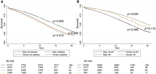 Survival after coronary artery bypass grafting stratified by gender and (A) diabetes or (B) arterial revascularization