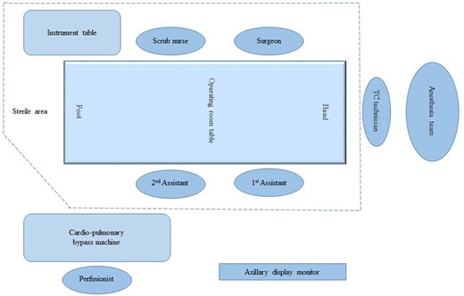 A schematic illustration of the cardiac operating room setup for real-time coronary thermal angiography in coronary bypass surgery. TC: thermal camera.