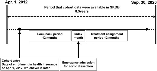 Study design. Cohort entry was defined as a patient’s date of registration with the health insurance provider or 1 April 2012, whichever occurred later. The index month was defined as the month in which emergency admission for aortic dissection was occurred. The lookback period was defined as the 12 months preceding the index month. Treatment assignment period was defined as the 12 months following the index month