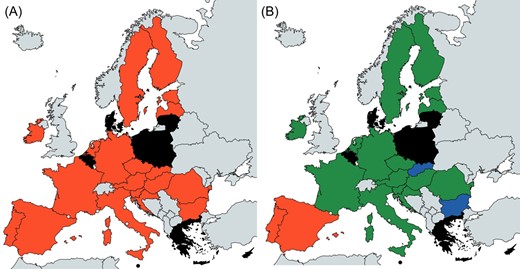 The 95th percentile of the risk quotients in each country based on a tier 1 assessment (A, left, no bioavailability considered) and a tier 2 assessment (B, right, with bioavailability considered). This assessment used data from 2006 onward and the data selection approach C. Green: 95th percentile of risk quotients below 1, orange: 95th percentile above 1, blue: no bioavailability correction parameters available, black: no data, and gray: non‐EU countries. EU, European Union