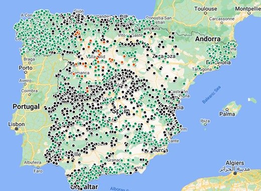 Risk assessment of copper in Spanish surface waters using site‐averaged data. Green: no risk identified at tier 1 or tier 2; black: potential risk identified at tier 1 but cannot be assessed at tier 2 due to missing data; and orange: potential risk identified at tier 2