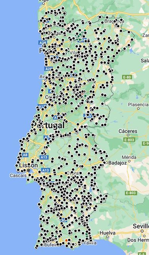 Risk assessment of copper in Portuguese surface waters using site‐averaged data. Green: no risk identified at tier 1 or tier 2; black: potential risk identified at tier 1 but cannot be assessed at tier 2 due to missing data; and orange: potential risk identified at tier 2