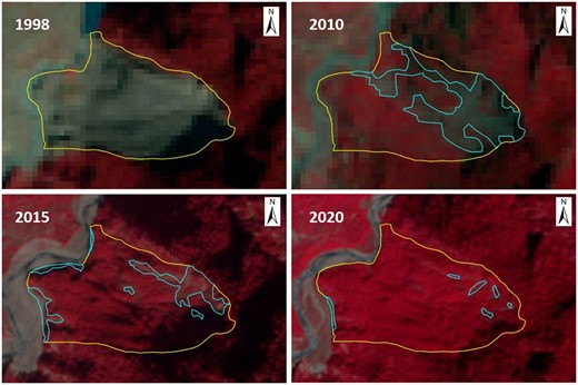 Vegetation recovered in the Ukhimath (Kothi-Bhenti) landslide (1998–2020).