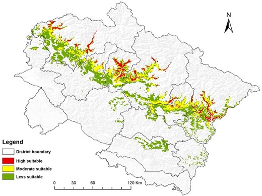 Potential distribution of Alnus nepalensis in Uttarakhand, western Himalaya.