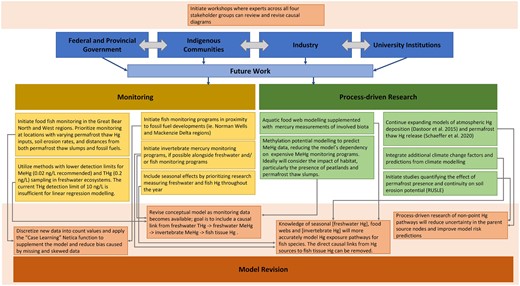 Future research recommendations developed from data gaps identified by a Bayesian network model of Hg exposure in the Mackenzie watershed. The chart is organized into long-term monitoring and shorter-term process-based research. The additional data resulting from implementation of these recommendations will allow for revisions to the model and reduce the uncertainty from sampling bias and lack of knowledge of causal pathways.