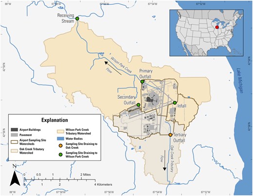 Site map showing the five sites monitored in or near Milwaukee Mitchell International Airport in Milwaukee, WI; drainage areas to each site; and areas of pavement within the airport.