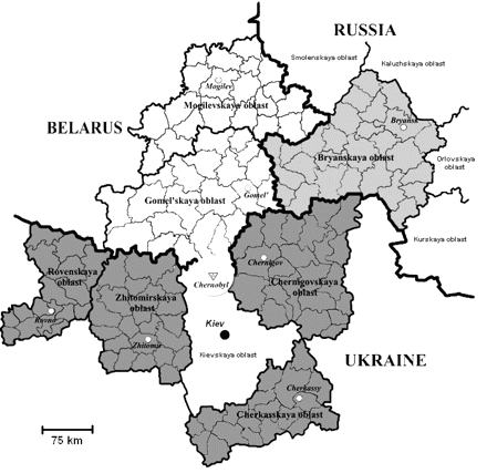 Seven geographic regions (oblasts) in Belarus, Russia, and Ukraine in which the study population lived at the time of the Chernobyl accident. Small divisions within each oblast are raions. The central city or town of each oblast is indicated by a white circle and town name. The Chernobyl site is at the northern tip of the Kievskaya Oblast, which was not included in the study