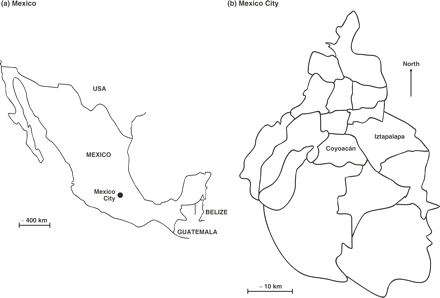 Maps showing the locations of (a) Mexico City within Mexico, and (b) the Coyoacán and Iztapalapa districts within Mexico City