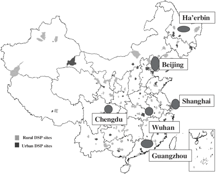 Map showing location of six urban sites in China selected for the VA validation study