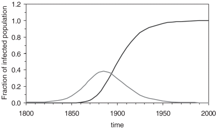 Time-dependent changes in the fraction of the population infected with H. pylori between the ages 5 and 15 years (left curve) after the age of 15 years (right curve). The two fractions were calculated by inserting the incidence rates from Equation (1) into Equation (3) or Equation (4)