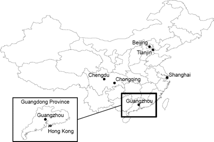 Location of major urban areas in China, with populations of more than ∼10 million in 2000