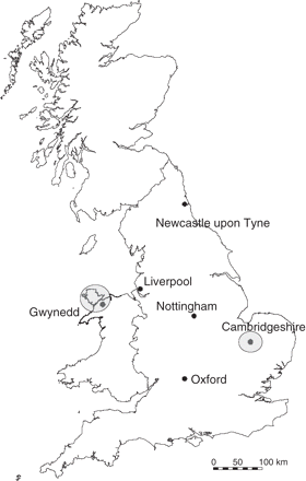 Map of Great Britain showing CFAS centres