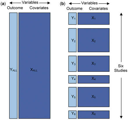 Schematic representation of structure of scientific problems that DataSHIELD is designed to address. (a) One file: all individual-level data pooled together in one large data file. (b) Partitioned: individual-level data held in six separate data files, one for each study