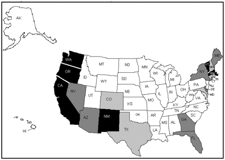 State-level concentration of same-sex couples in the USA (2000).25 Figure depicts quartiles of the concentration of same-sex couples in the USA in 2000. White = low concentration, light grey = moderate concentration, dark grey = high concentration, black = very high concentration. Reprinted with permission from the Urban Institute Press