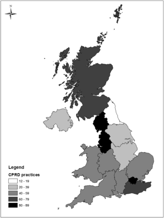 Distribution of 674 CPRD practices by region in England, and in Wales, Scotland and Northern Ireland.