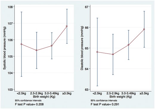 Crude relationship between birthweight and blood pressure among 10- and 11-year olds in the Entebbe Mother and Baby Study.