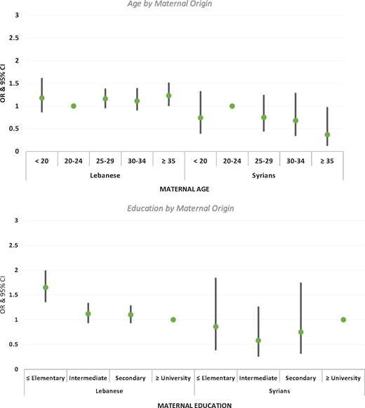 Adjusted odds ratios of LBW for maternal age and education by maternal origin (all analyses adjusted for gestational age, sex of the neonate, parity, maternal BMI, and smoking during pregnancy).