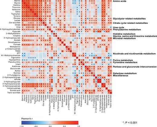 The intra-fluid metabolic associations in urine. The intra-fluid metabolic correlations in urine are generally rather weak and only a few stronger metabolic correlation blocks are noticeable, namely positive correlations among amino acids, glycolysis- and citrate cycle-related metabolites, 3-hydroxyisobutyrate and 3-hydroxyisovalerate result in clear association clusters. These association characteristics are likely to partly reflect the large intra-individual variation in urinary metabolites, but they are also likely a fundamental sign of metabolic waste under only limited systemic control. However, the concentrations of the amino acids are rather strongly correlated, as would be expected for these apparently healthy individuals with healthy kidneys. The amino acid concentrations also correlate with 3-hydroxyisobutyrate and 3-hydroxyisovalerate, both degradation products of branched-chain amino acids, as well as with glucose and lactate, related energy metabolites in gluconeogenesis. Several metabolites related to microbial metabolism are quantified, and an interesting correlation cluster is seen between methylamine, p-cresol sulphate and TMAO. The colour coding refers to partial correlations adjusted for sex; n = 995 individuals from NFBC66. The heat map is organized manually on the basis of the key metabolic groups and pathways represented by the measures (Table 1). Forty principal components were needed to explain >99% of variation in the metabolic information of these 43 urine metabolites (leading to Bonferroni-corrected significance P-value of 0.001, i.e. 0.05/40; marked with * in the map). Thus, the urine metabolites are generally highly uncorrelated and provide independent metabolic information. 2PY, N1-methyl-2-pyridone-5-carboxamide; TMAO, trimethylamine N-oxide; HPHPA, 3–(3-hydroxyphenyl)-3-hydroxypropanoate.