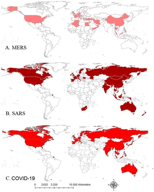 Spatial distribution of (A) MERS, (B) SARS and (C) COVID-19.