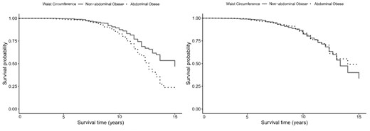Survival plot representing the risk of dementia by waist circumference levels, in women (left panel) and men (right panel).