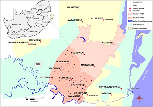 Location of the study area, showing the Vukuzazi sites within the demographic surveillance area