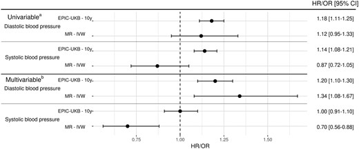 Long-term association between blood pressure and renal cell carcinoma risk and comparison with Mendelian randomization. (a) Diastolic blood pressure (DBP) or systolic blood pressure (SBP) minimally adjusted; (b) DBP or SBP adjusted with each other. MR, Mendelian randomization; IVW, inverse variance-weighted method; OR, odds ratio; HR, hazard ratio; EPIC, European Prospective Investigation into Cancer and Nutrition; UKB, UK Biobank.