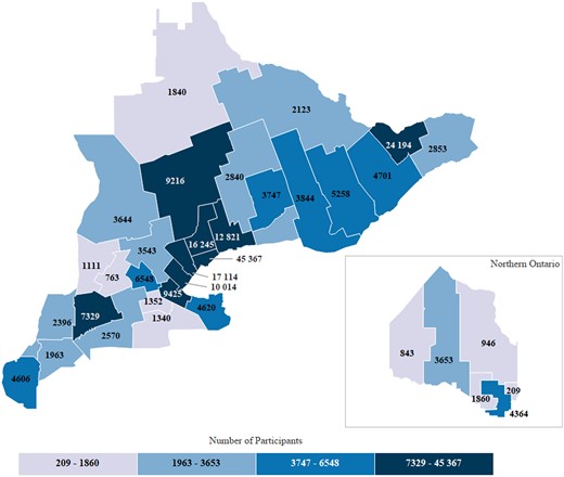Geographical distribution of participants by Ontario public health unit, based on self-reported postal code at enrolment. The Ontario Health Study (OHS) has representation across each of Ontario’s public health units, with enrolment greatest in catchment areas for the City of Toronto Health Unit (n = 45 367), followed by the City of Ottawa Health Unit (n = 24 194) and Peel Regional Health (n = 17 114). Enrolment is roughly proportional to the size of the populations served