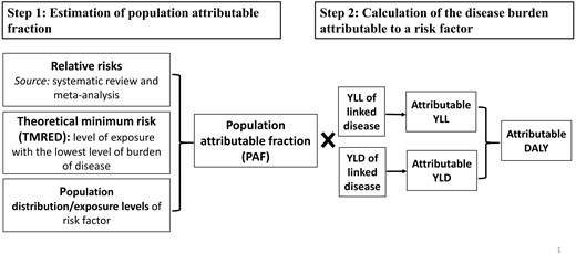 Inputs and steps in the calculation of the disease burden attributable to a risk factor. YLL, years of life lost; YLD, years lived with disability; DALY, disability-adjusted life-years. Adapted from Australian Burden of Disease Study 201810