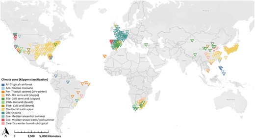 Geographical distribution of the 328 location-specific estimates in the analysed studies of the daily mean temperature effects for suicide. Legend in maps shows different Köppen–Geiger climate zones. The data were sourced from previous systematic reviews22,24 and epidemiological studies37–39