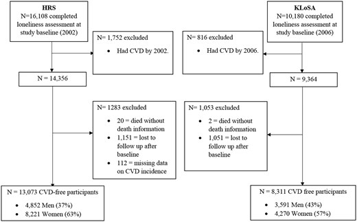 A flow diagram illustrating the participant inclusion and exclusion process for the Health and Retirement Study (HRS) from 2002 to 2014 and the KLoSA from 2006 to 2018. The diagram presents the number of participants at each stage of the study, including initial assessments, exclusions due to CVD, deaths, loss to follow-up, and missing data. HRS started with 16 108 participants; excluding 1752 with pre-existing CVD resulted in 14 356 participants. From these 14 356 participants, additional exclusions include 1283 participants who died without death information (20), loss to follow-up after baseline (1151), or missing data on CVD incidence (112). The final analytics HRS sample had 13 073 CVD-free participants, comprising 4852 men and 8221 women in 2002. KLoSA began with 10 180 participants; excluding those with pre-existing CVD resulted in 9364 participants. From these 9364 participants, additional exclusions include 1053 participants who died without death information (2) and loss to follow-up after baseline (1051). The final analytic KLoSA sample had 8311 individuals identified as CVD-free, comprising 3591 men (43%) and 4270 women (57%) in 2006.