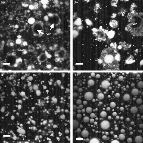 Confocal micrographs of the melted ice cream containing milk fat (a, b) and flaxseed oil (c, d) without heat-shock (a, c) and after heat-shock (b, d). Bars represent 10 μm.