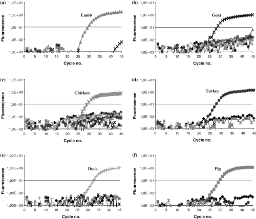 Specificity test. Fluorescence curves for samples of cattle (), pig (),lamb (),goat (), chicken (),turkey () and duck () including water () using the (a) ovisPDE, (b) capraPDE, (c) galIL, (d) melIL, (e) anasIL and (f) susRY primer-probe system.