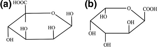 Constituent acids of alginic acid, where (a) is β-D-mannuronic acid and (b) is α-L-guluronic acid.
