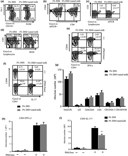 Changes of LP cells in the acute colitis mice model. a–f. The proportions of CD11b+Gr-1+, CD11b+F4/80+, CD3+, B220+, CD4+CD44+, γδ T cells, CD4+IFN-γ+ and CD4+IL-17A+ T-LPL g–i. The absolute number of LPL. Data are expressed as means ± Sd (*P < 0.05, **P < 0.01). Experiments were performed twice.
