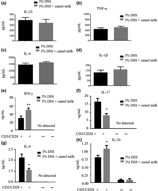 Concentration of cytokines secreted by LP cells. a–h. LPLs were isolated from the colons of mice and cultured in 96-well flat-bottomed plates. Concentration of cytokines IL-23, IL-6, IL-1β, TNF-α, IL-4, IL-10, IL-17 and IFN-γ was measured using ELISA. Data are expressed as means ± Sd (*P < 0.05, **P < 0.01). Experiments were performed twice.